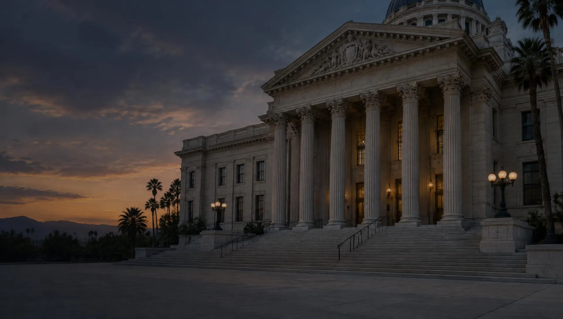 California courthouse at dusk